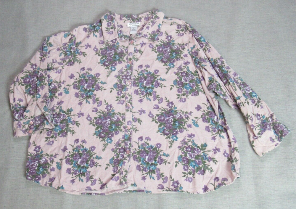 Vtg Venezia Vitale Shirt Womens 3X Lilac Corduroy Floral Button Granny Cottage